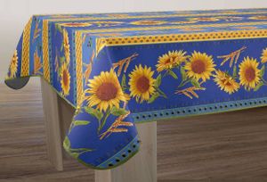 Tischdecke blau gelb 150 x 240 cm PROVENCE SONNENBLUMEN bügelfrei Schmutz & Wasserabweisend für Drinnen & Draußen