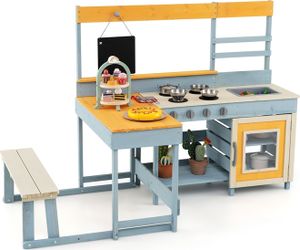 COSTWAY Matschküche Kinderküche Spielküche mit Picknicktisch, Bank, Dessertzubehör, Küchengeschirr & Tafe, Outdoor Küche Tannenholz für Kinder 3+