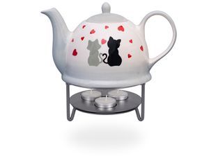 Teekanne mit Stövchen / Teekrug / Teebereiter 1,5l  Katzenpärchen mit Herzen