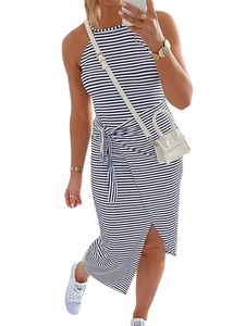 Damen Stripe Design Sundress Beach ärmellose Kleid Casual Neckholder Neckkleider,Farbe:Navy blau,Größe:M