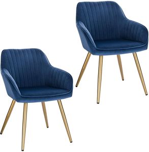 EUGAD 2er-Set Esszimmerstuhl Sitzfläche aus Samt Polsterstuhl mit Armlehnen goldener Metallbeine, Blau