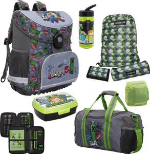 Minecraft Schulranzen für Jungen 1. Klasse Graue Schultasche im Set 9-teilig mit Brotdose, Trinkflasche und Sporttasche