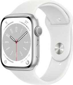 Apple Watch Series 8 OLED 45 mm Silver GPS (satelit) APPLE Rozlišení displeje: 396 x 484 pixelů, Technologie displeje: OLED, Vestavěné reproduktory: Ano, Vestavěný fotoaparát: Ne, Pozice na trhu: Chytré hodinky, Typ displeje: Velikost pouzdra: 45 mm, Barva pouzdra: Stříbrná, Materiál pouzdra: Hliník, Barva řemínku: Hliník, Tvar: Obdélníkový, Vestavěný mikrofon: Ano, FM rádio: Ne, Monitor srdečního tepu: Ano, Připojení k mobilní síti: Ne, Port US