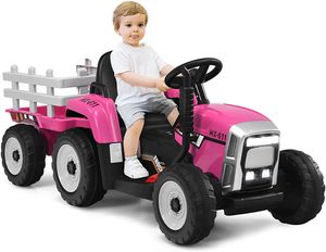 Traktor mit Abnehmbarem Anhänger, Kindertraktor mit LED-Licht & Musik & Fernbedienung, Trettraktor mit max. Tragfähigkeit von 30 kg, Aufsitztraktor (Rosa)