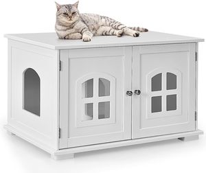COSTWAY Domeček pro kočky se 2 magnetickými dvířky, dřevěný zásobník na stelivo , skříňka pro kočky domeček pro zvířata zásobník na stelivo malý domeček pro zvířata 81x53x49cm, bílý