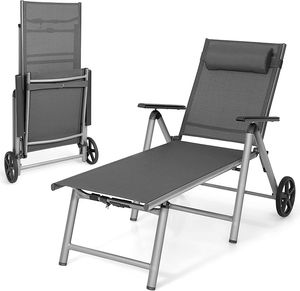 COSTWAY Liegestuhl aus Aluminium mit Rollen, klappbarer Sonnenliege mit 7-Fach Verstellbarer Rückenlehne und Abnehmbarer Kopfkissen, Klappliege Gartenliege mit schnell trocknendem Stoff