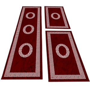 Bettumrandung Läuferset 3 teilig Teppich kurzflor Mäander Muster Rot Weiß, Farbe:Rot, Bettset:2 mal 80x150 cm + 1 mal 80x300 cm