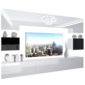 BELINI Wohnwand Vollausstattung Wohnzimmer-Set Moderne Schrankwand mit LED-Beleuchtung Weiß Glänzend Anbauwand TV-Schrank Weiß / Schwarz Glänzend