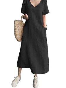 Damen mit Taschen Lange Kleid Party Solid Color Sommer Strand Sundress Loose Vintage Maxi Kleider Schwarz,Größe XL