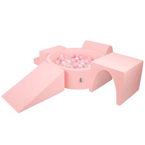 KiddyMoon spielplatz aus schaumstoff mit rund bällebad (200 bälle) ballgruben für babys spielbad hindernisläufen, hergestellt in der eu, pink:puderrosa/perle/transparent