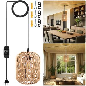 Hängelampe mit Stecker Boho Lampe Pendelleuchte Bambus Lampenschirm 5m Kabel Umgebungslicht Nachtlicht Deckenleuchte Schlafzimmer Küche Esstisch Deko