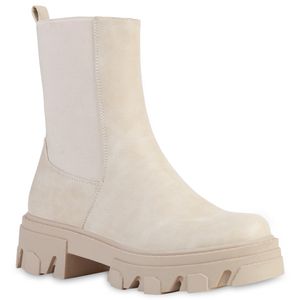 VAN HILL Damen Stiefeletten Plateau Boots Stiefel Profil-Sohle Schuhe 835598, Farbe: Creme, Größe: 39