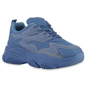 VAN HILL Damen Plateau Sneaker Strass Schnürer Profil-Sohle Schuhe 840880, Farbe: Blau, Größe: 40