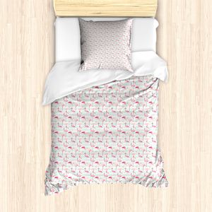 ABAKUHAUS Flamingo Bettbezug Set für Einzelbetten, Gestreifter Pastell-Dschungel, Milbensicher Allergiker geeignet mit Kissenbezug, Mintgrün Pfirsich Korallenrot