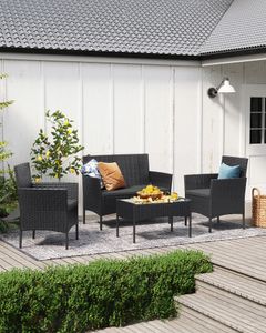 SONGMICS (4-tlg) Gartenlounge-Set, Balkonmöbel, aus PE-Polyrattan, schwarz-grau