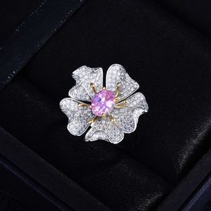 Weiblicher rosa Kristallring-Charme-Silber-Hochzeitsring für Frauen-Blumen-Zirkon-offener Verlobungsring 6*8
