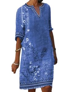 Damen Böhmen Vintage Blusenkleider Hawaii Freizeit V-Ausschnitt Halber Ärmel Kleider Blau,Größe S