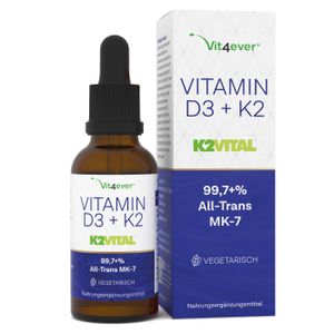 Vitamin D3 + K2 Tropfen 50ml - Premium: 99,7+% All-Trans (Original K2VITAL® von Kappa) - Labore 1000 I.E. Vitamin D3 pro Tropfen (1700 Tropfen) - In MCT-Öl - Hochdosiert