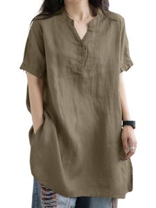 Damen Blusen V-Ausschnitte Tshirt Kurzarm Lässig Oberteile Locker Tops Sommershirt Beige,Größe 4XL