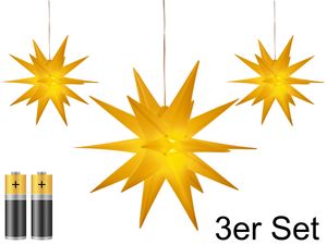 3er Pack 3D Leuchtstern - Weihnachtsstern / warm-weiß beleuchtet / für Innen und Außen geeignet / hängend / 100cm Zuleitung / ca. Ø 25 cm / batteriebetrieben (gelb)