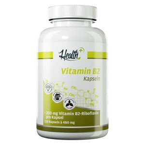 HEALTH+ Vitamin B2 Kapseln | Riboflavin | fördert Eiweiß-, Fett- und Kohlenhydratstoffwechsel | 200 mg pro Kapsel