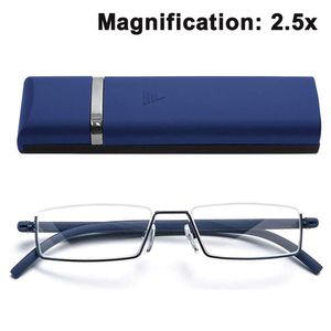 Klare Brille Halbrahmen-Lesebrille für Männer und Frauen Leichte Computerlesegeräte mit tragbarer Spiegelbox, Edelblau, +2,50