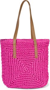 styleBREAKER Damen Papierstroh Schultertasche mit langen Henkeln, Strandtasche, Korbtasche, Flechttasche, Shopper 02012388, Farbe:Pink