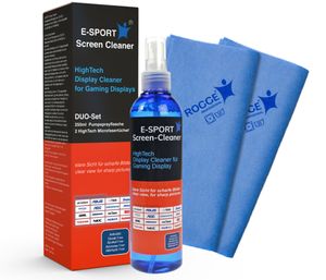 E-SPORT Screen Cleaner 250ml inkl. 2x Prof. Microfasertücher 38x40cm. LCD-TFT-LED-OLED-Plasma Bildschirmreiniger