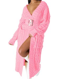 Damen Strickjacken Chunky Kabel Lange Pullover Trendy mit Taschen Maxi Outwear Cardigan Rosa,Größe M