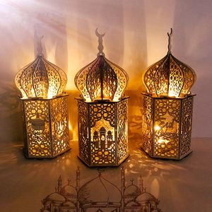 3ks Eid Mubarak muslimské LED světla světla Set Ramadán LampImage Wood Lantern 24 * 10cm muslimský islám strana DIY LED lucerna lampa