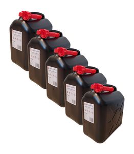 5er Set: 20 Liter Benzinkanister Kraftstoffkanister schwarz Kunststoff mit Ausgießer rot, UN-Zulassung