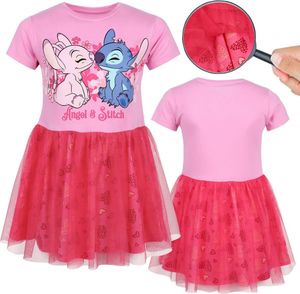 DISNEY Stitch Růžové tylové šaty s krátkým rukávem, dívčí šaty 98