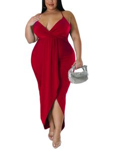 Damen Abendkleider Bodycon Kleider Große Größe Partykleid V-Ausschnitt Sommerkleid Rot,Größe XXL
