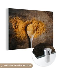 MuchoWow® Glasbilder - Bilder auf Wandbild - Foto auf Glas Aromatisches Kurkumapulver auf einem rustikalen Holzlöffel 90x60 cm Wanddekoration aus Glas - Acrylglasbild - Acrylbilder - Wandmalerei auf Glas