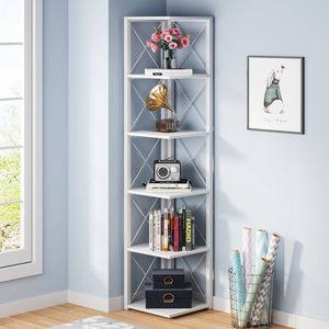 Tribesigns Eckregal mit 6 Ebenen, Eck-Bücherregal, Kleines Bücherregal, Eckaufbewahrungsregal,Pflanzenständer für Wohnzimmer, Weiß, 32x32x180cm