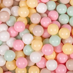 KiddyMoon 100 míčků/7 cm-2,75 palce Měkké plastové míčky na hraní pro děti Barevné  vyrobené v EU, pastelově béžová/pastelově žlutá/bílá/mintová/pudrově růžová