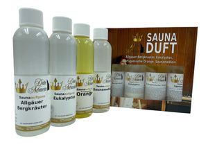 Saunaaufguss 4 x 250ml - Allgäuer Bergkräuter, Eukalyptus, Portugiesische Orange, Saunamedizin - das exklusive Set von Dufte Momente in attraktiver Umverpackung