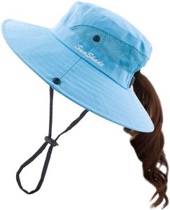 Damen Pferdeschwanz Sonnenhut UV-Schutz zusammenklappbarer Netz-Strand-Angelhut mit breiter Krempe