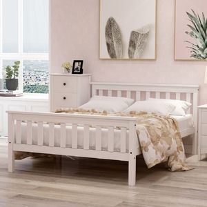 Manželská postel dřevěná postel 140 x 200 cm Postel z masivu s roštem, borovicová postel pro dospělé, děti, mládež, bílá