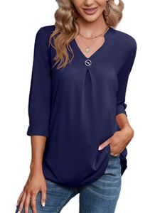 Damen Bluse 3/4 Ärmel Elegante V Ausschnitt Tunika Shirt Top Flowy Lose Long Langarmshirts, Farbe: Dunkelblau, Größe: 2xl