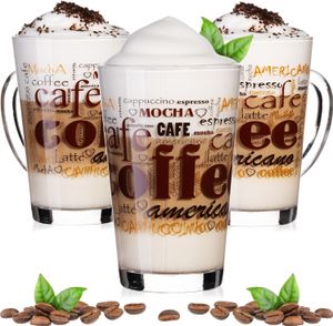 PLATINUX Kaffeegläser mit Motiv max. 350ml Set 3-Teilig aus Glas Latte Macchiato Gläser mit Griff Cappuccino Gläser