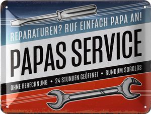 LANOLU Blechschild PAPAS SERVICE, Schild Werkstatt Papa, Geburtstagsgeschenk, Vatertagsgeschenk Schild Vater, retro Deko mit Spruch, 15x20cm