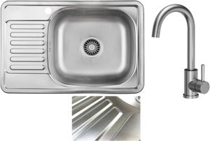 VBChome Einbauspüle mit Armatur 66x42 Leinenstruktur Edelstahl Links  Küchenspüle Spüle Ablagefläche Abtropffläche Links eckiges Camping Ablaufgarnitur Siphon Wasserhahn Inox Edelstahl