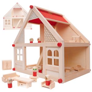 Ikonka, Puppenhaus aus Holz + Möbel und Personen 40cm