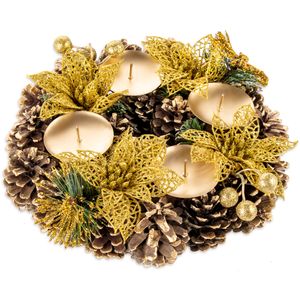 Adventskranz künstlich  Ø 24 cm Adventskranz Deko mit Tannenzapfen, Weihnachtsblume und Kunstschnee gold