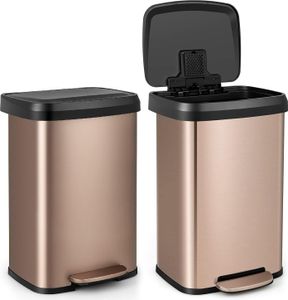 Mülleimer Küche 50L, Abfalleimer mit Deckel & Pedal, Küchenmülleimer aus Edelstahl & Kunststoff, Küchenabfalleimer mit Desodorierungsfach, 41x39x61 cm (Rosegold)