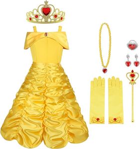 ASKSA Prinzessin Kleid 9 Set Belle Kostuem Halloween Maedchen Kleid mit Zubehoer Handschuhe Diadem Zauberstab und Halskette Ringe, 130