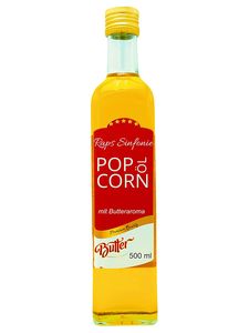 Hopser Food Fun Popcorn Öl 500 ml mit feinem natürlichen Butteraroma und praktischem Ausgießer Hocherhitzbares Popcornmais Butter Aroma Fett Raps Sinfonie mit Traubenkernöl und Buttergeschmack