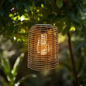 Solar Hängeleuchte in Rattan Optik natur mit LED Glühbirne - 20 cm - Gartenlaterne warmweiß beleuchtet zum Hängen und Stellen