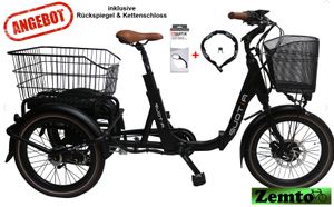 Elektro Dreirad Trike 3 Gang, Tiefeinstieg 20 Zoll schwarz, Fahrfertig, inkl. Kettenschloss und Rückspiegel